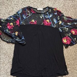 Pebble and Stone Black and Pink Embellished Blouse with Long Sleeves